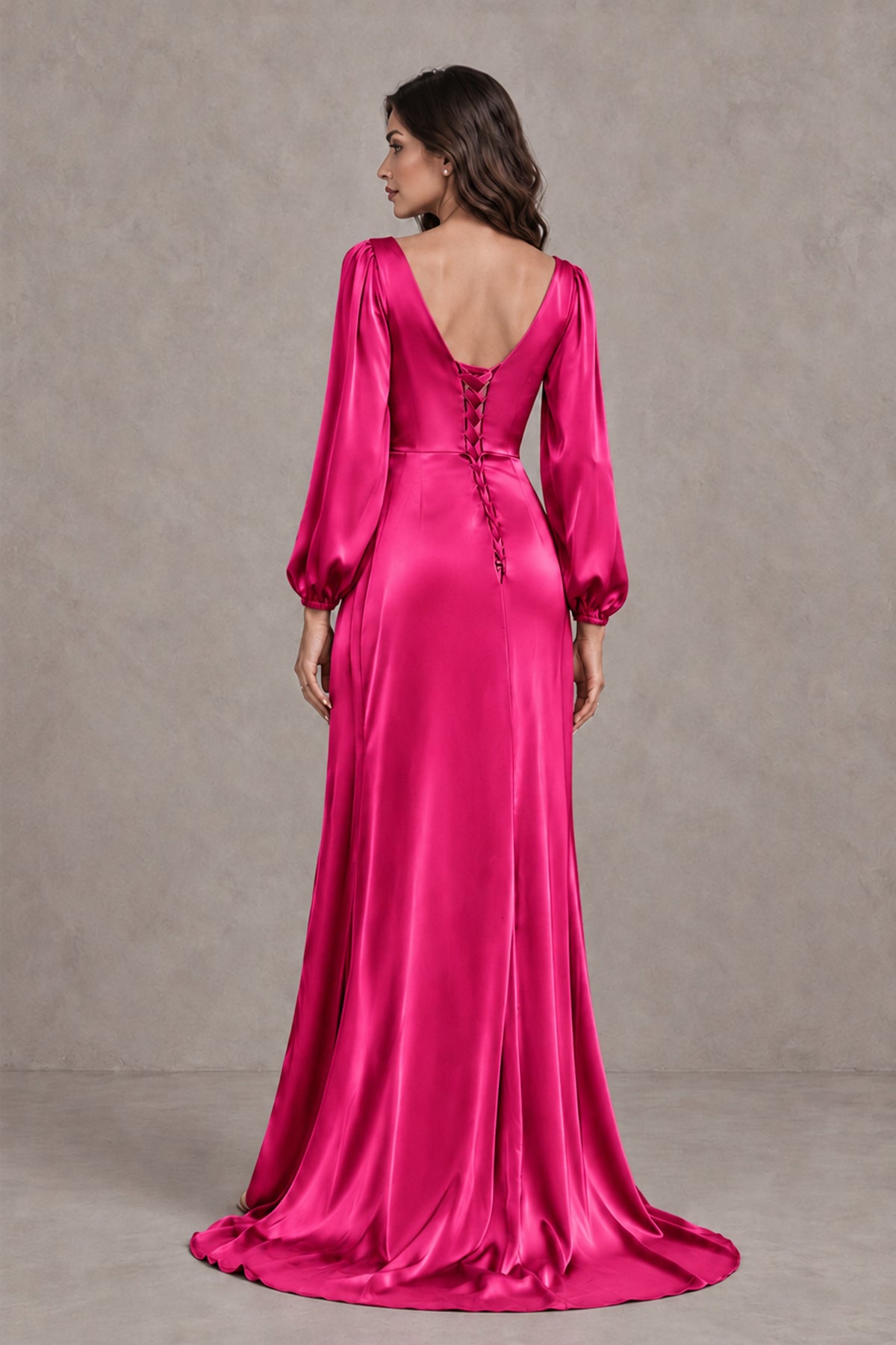 BOLODOO Hot Pink Satin-Look Long Sleeve Evening Dress with High Slit - Hot Pink - Hot Pink_2