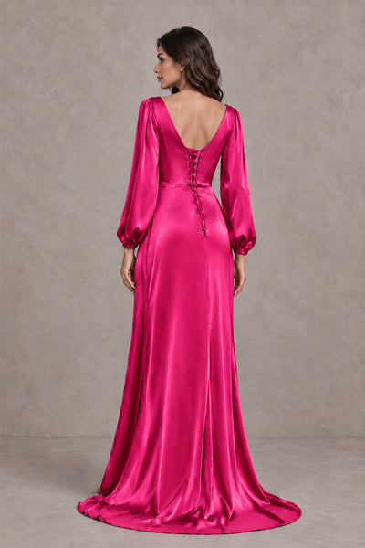 BOLODOO Hot Pink Satin-Look Long Sleeve Evening Dress with High Slit - Hot Pink - Hot Pink_2