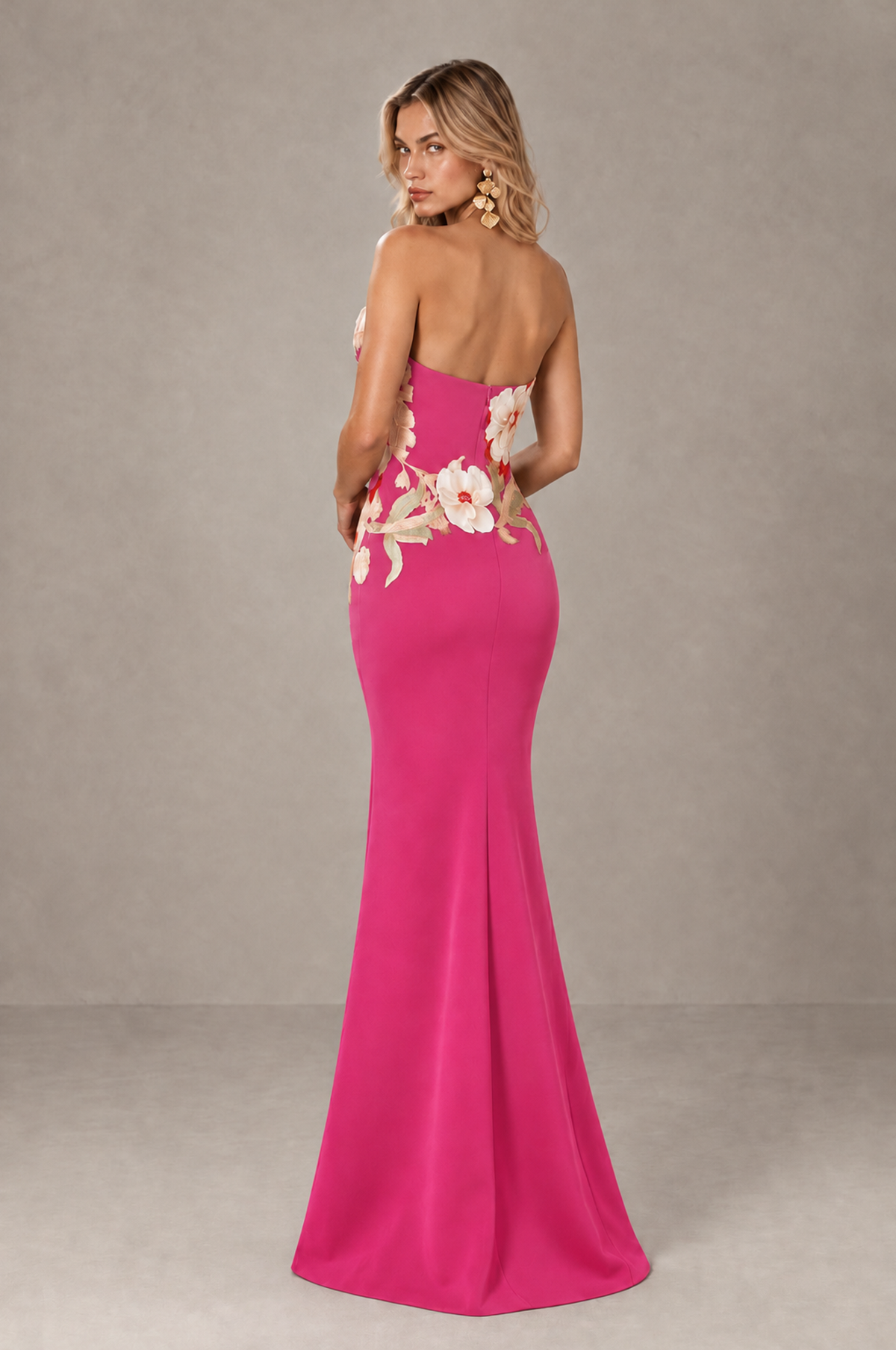 BOLODOO Hot Pink Strapless Floral Mermaid Evening Dress with Slit - Hot Pink - Hot_Pink_2