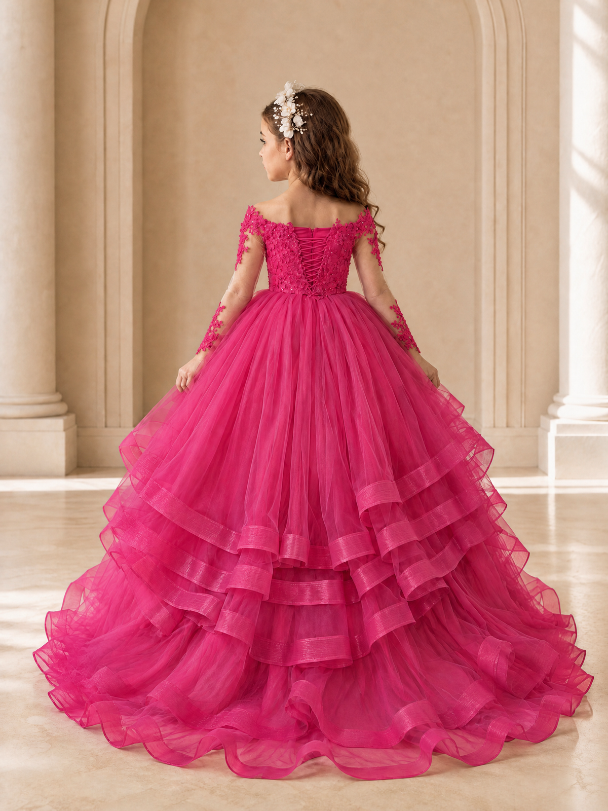 BOLODOO Hot Pink Lace Long Sleeve Tiered Flower Girl Dress - Hot Pink - Hot_Pink_2