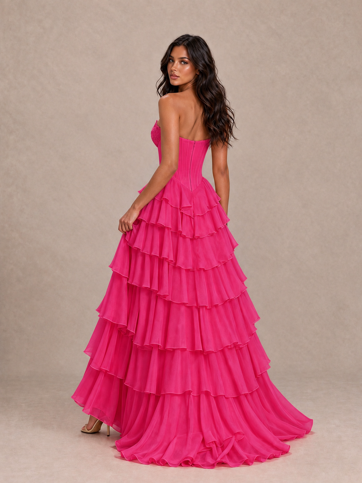 BOLODOO Hot Pink Strapless Corset Tiered Ruffle Prom Dress with High Slit - Hot Pink - Hot Pink_2