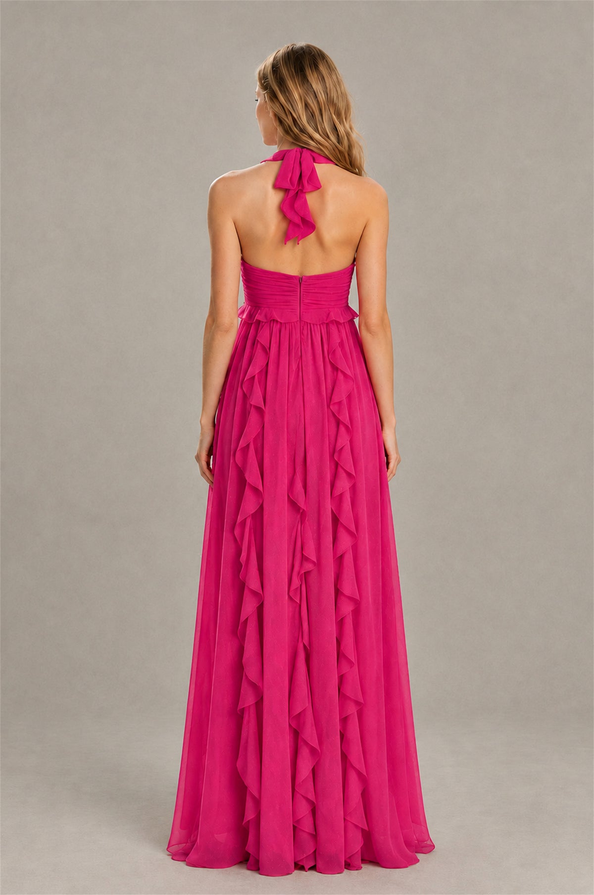 BOLODOO Hot Pink Halter Ruffle A-Line Floor-Length Evening Dress - Hot Pink - Hot_Pink_2