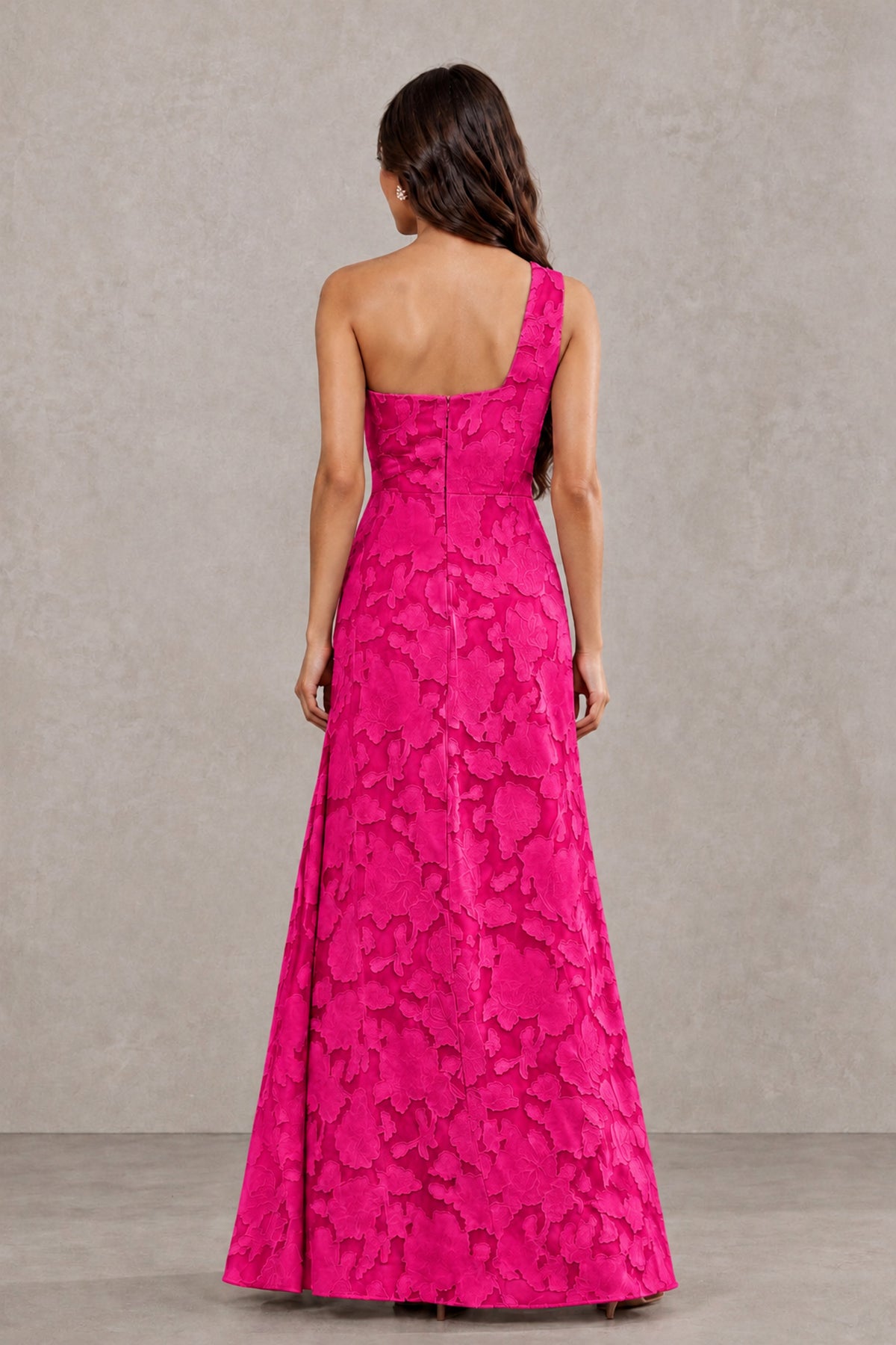 BOLODOO Hot Pink One-Shoulder Floral Textured Maxi Dress with High Slit - Hot Pink - Hot Pink_2