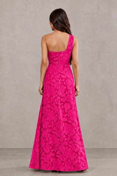 BOLODOO Hot Pink One-Shoulder Floral Textured Maxi Dress with High Slit - Hot Pink - Hot Pink_2