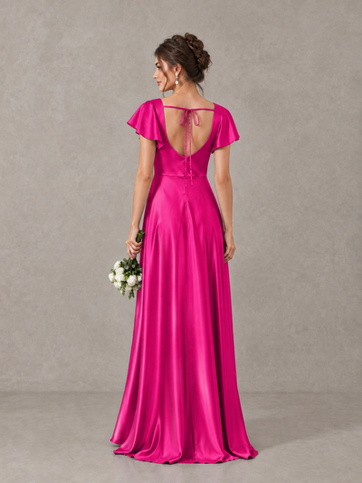 BOLODOO Hot Pink Satin Square Neck Flutter Sleeve A-Line Bridesmaid Dress with Slit - Hot Pink - Hot Pink_2