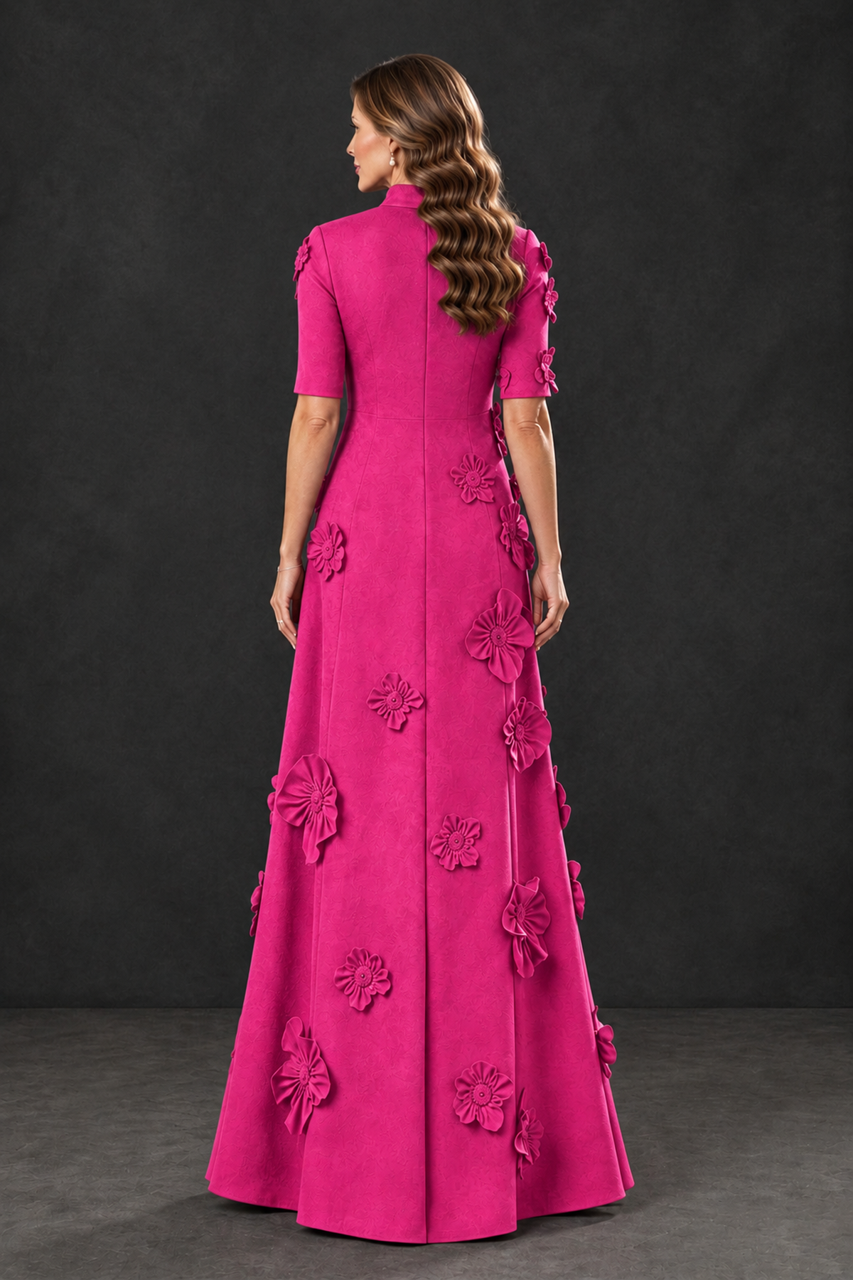 BOLODOO Hot Pink Floral Applique High-Neck Half-Sleeve Gown - Hot Pink - Hot Pink_2