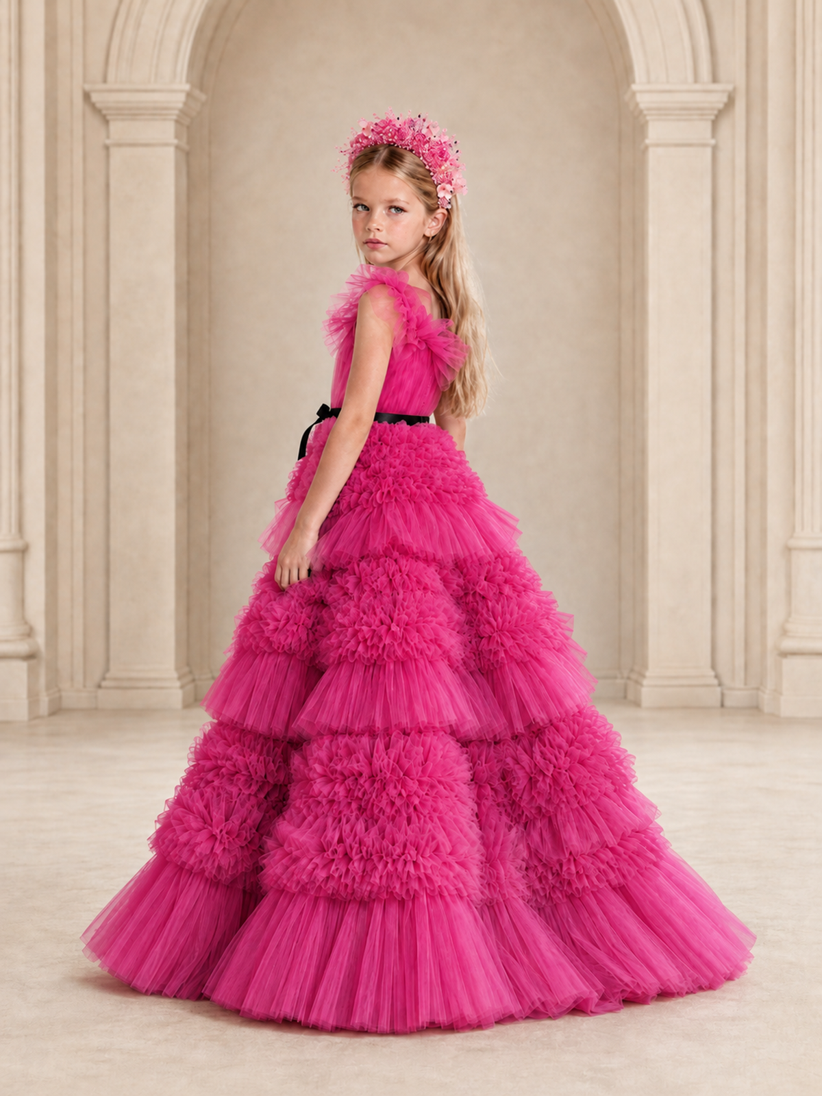 BOLODOO Hot Pink Tiered Tulle Flower Girl Dress with Floral Appliques - Hot Pink - Hot Pink_2