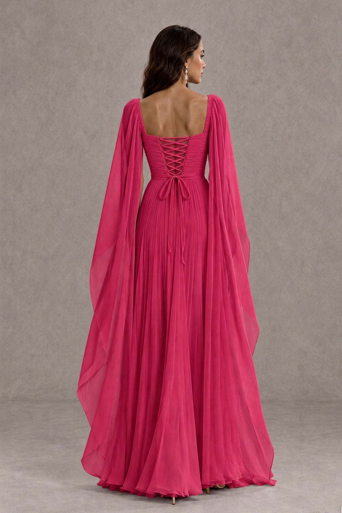 BOLODOO Hot Pink Square Neck Cape Sleeve A-Line Evening Dress - Hot Pink - Hot_Pink_2
