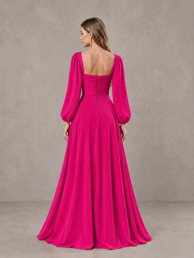 BOLODOO Hot Pink Square Neck Long Sleeve Bridesmaid Dress with Ruffle Slit - Hot Pink - Hot Pink_2