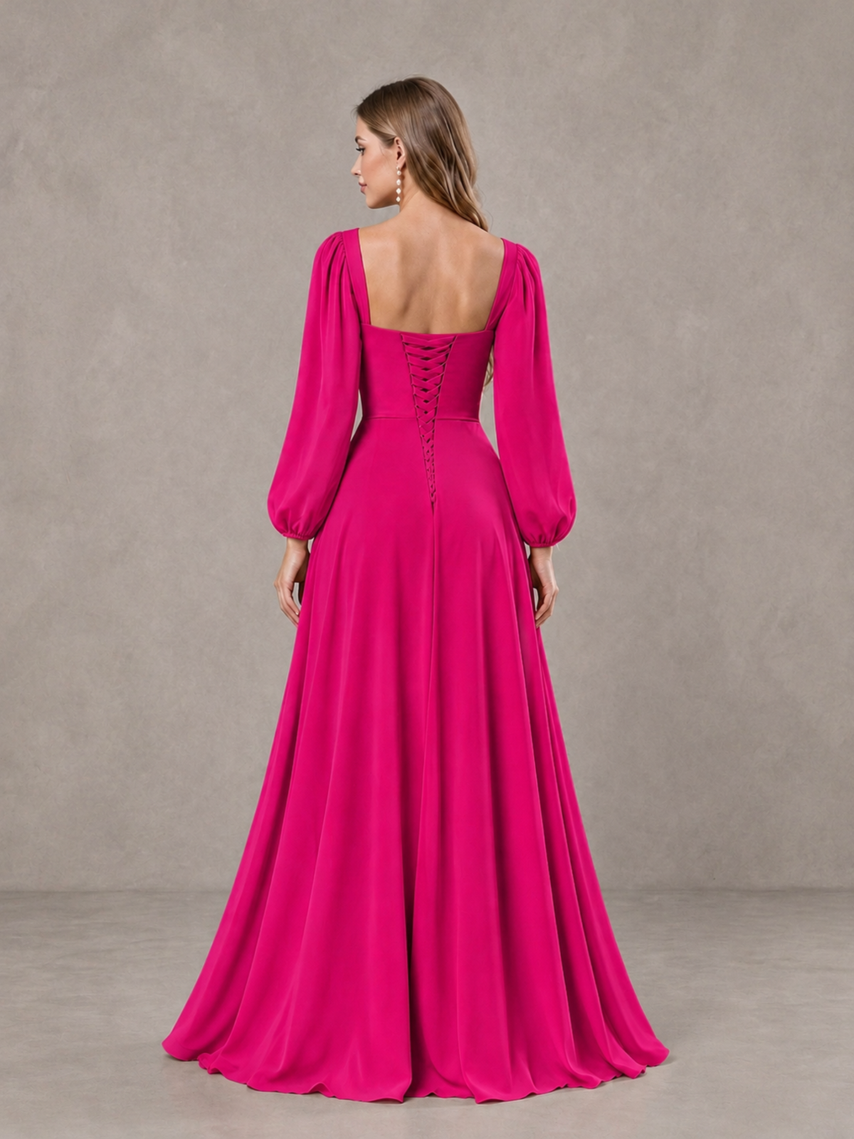 BOLODOO Hot Pink Square Neck Long Sleeve Bridesmaid Dress with Ruffle Slit - Hot Pink - Hot Pink_2