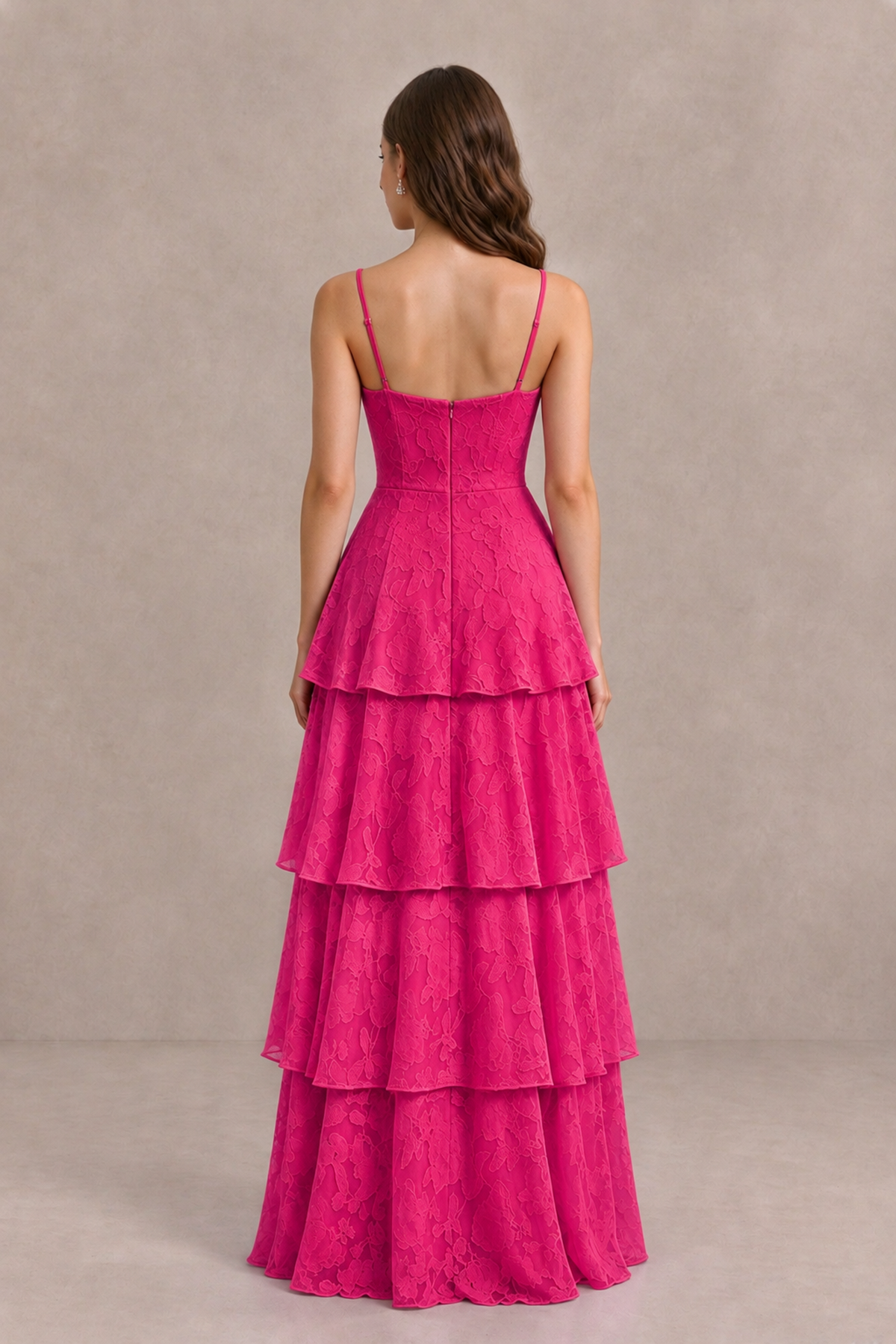 BOLODOO Hot Pink Tiered Floral-Textured Spaghetti Strap Maxi Dress - Hot Pink - Hot Pink_2
