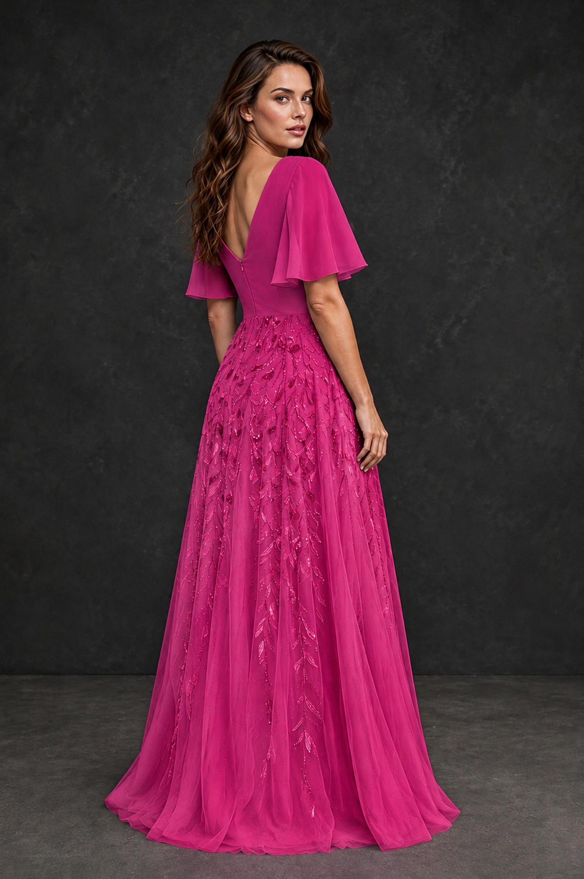 BOLODOO Hot Pink V-Neck Flutter Sleeve Beaded Botanical Tulle A-Line Gown | Mother of the Bride Evening Dress - Hot Pink - Hot Pink_2