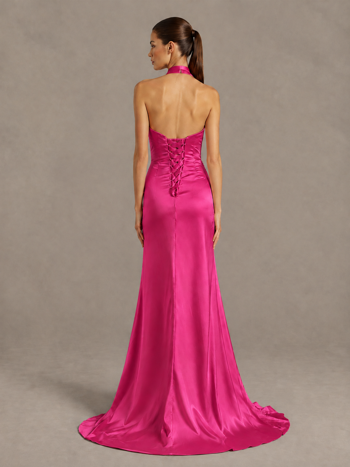 BOLODOO Hot Pink Halter Satin Evening & Prom Dress with High Slit - Hot Pink - Hot Pink_2