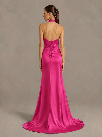 BOLODOO Hot Pink Halter Satin Evening & Prom Dress with High Slit - Hot Pink - Hot Pink_2