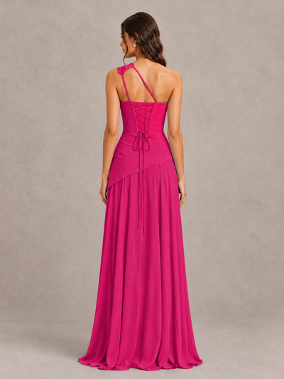 BOLODOO Hot Pink One-Shoulder Lace-Up Back Bridesmaid Dress - Hot Pink - Hot Pink_2