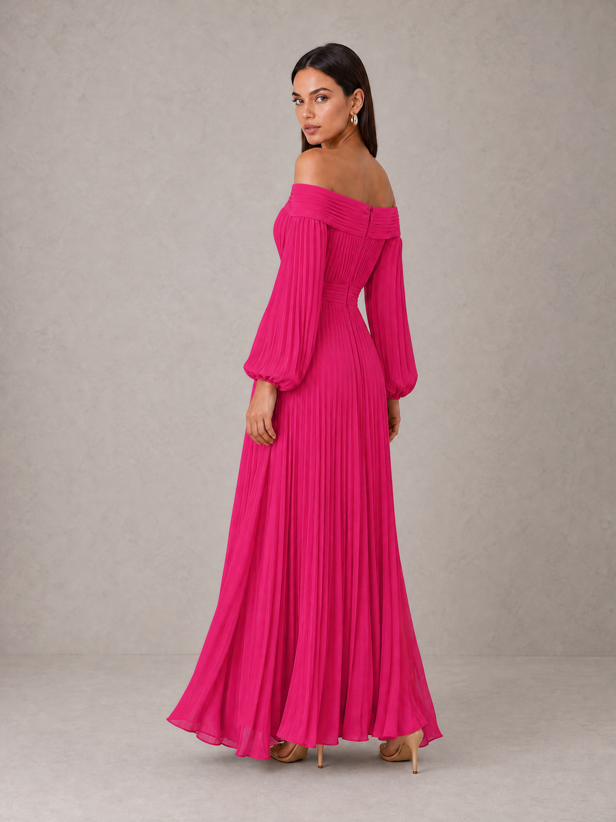 BOLODOO Hot Pink Off-Shoulder Long Sleeve Pleated High-Low Dress - Hot Pink - Hot_Pink_2
