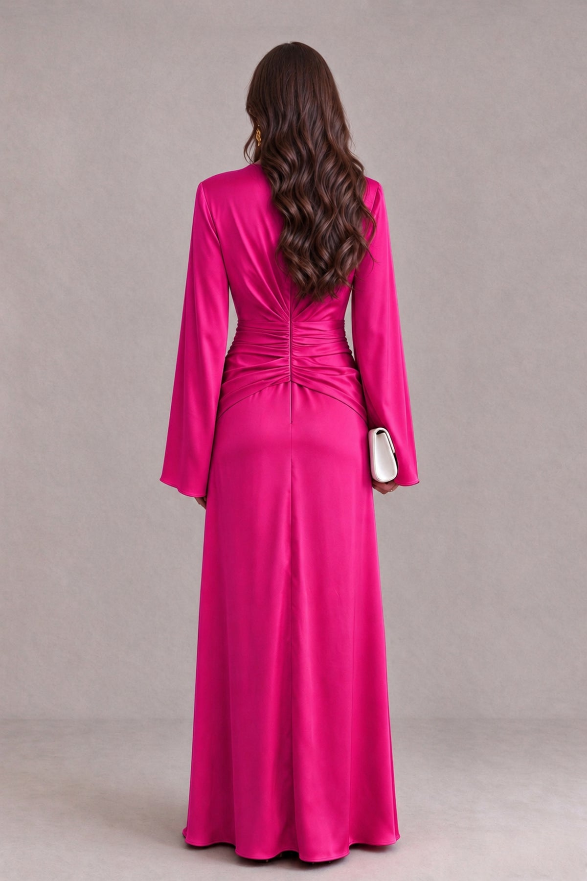 BOLODOO Hot Pink Yellow Satin-Look V-Neck Long Bell Sleeve Evening Dress - Hot Pink - Hot_Pink_2