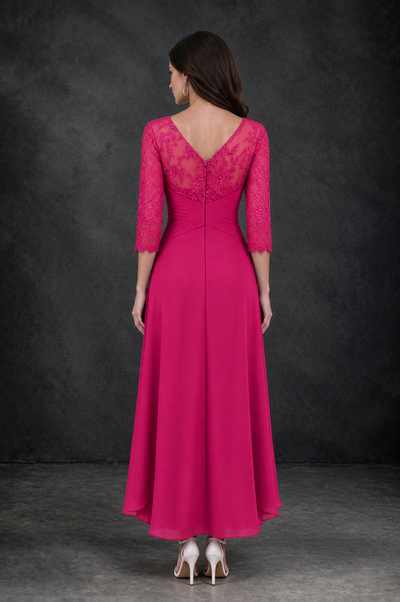 BOLODOO Hot Pink Sequin Lace & Chiffon Tea-Length Mother of the Bride Dress with 3/4 Sleeves - Hot Pink - Hot_Pink_2
