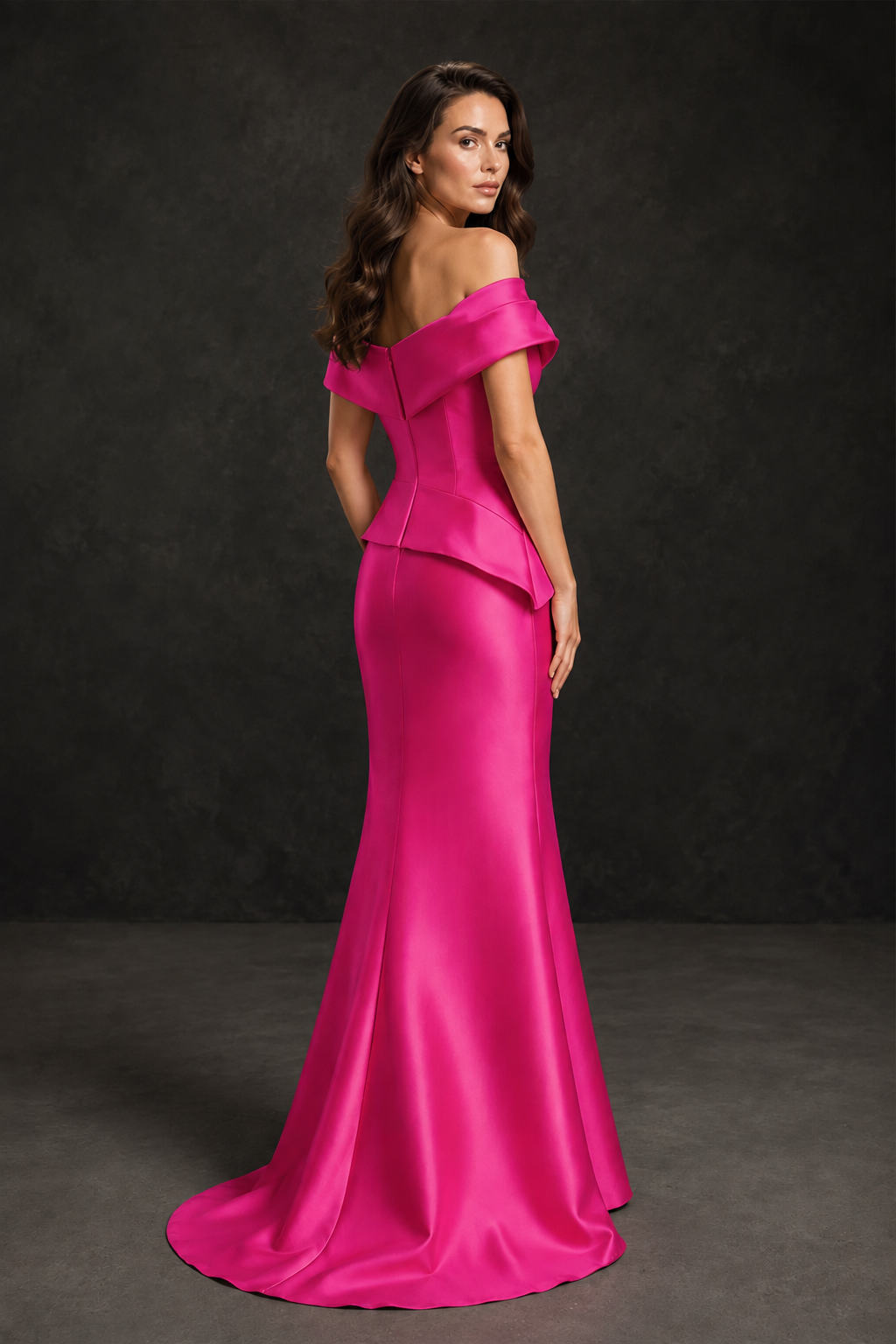 BOLODOO Hot Pink Satin Off-Shoulder Sweetheart Asymmetric Peplum Mermaid Gown with Hot Pink Floral Embroidery | MOB Evening Dress - Hot Pink