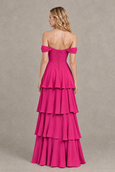 BOLODOO Hot Pink Off-the-Shoulder Tiered A-Line Evening Bridesmaid Dress - Hot Pink - Hot Pink_2