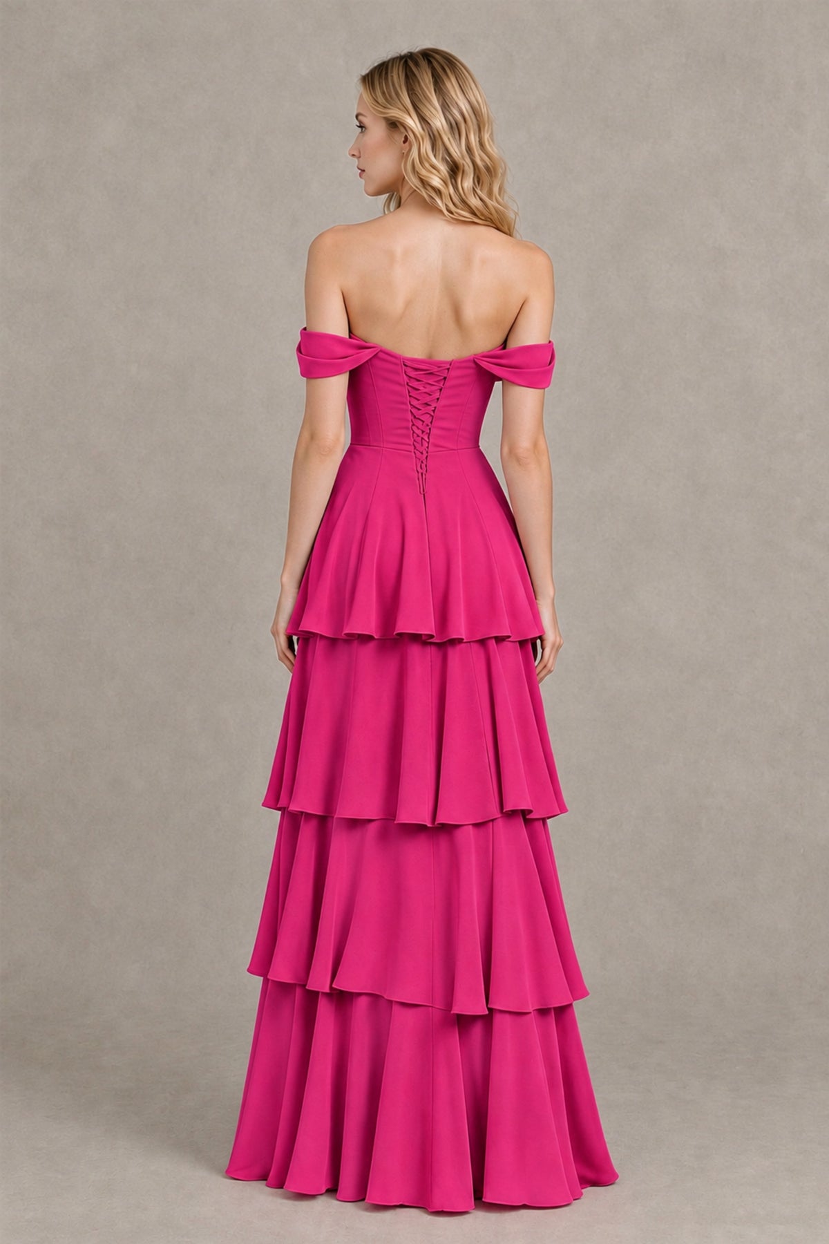 BOLODOO Hot Pink Off-the-Shoulder Tiered A-Line Evening Bridesmaid Dress - Hot Pink - Hot Pink_2