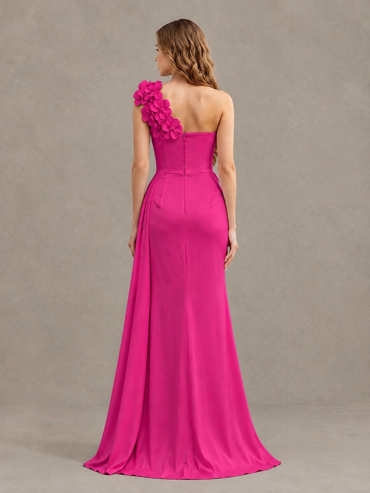 BOLODOO Hot Pink One-Shoulder Satin Mermaid Evening Gown with 3D Floral Appliqué - Hot Pink - Hot Pink_2