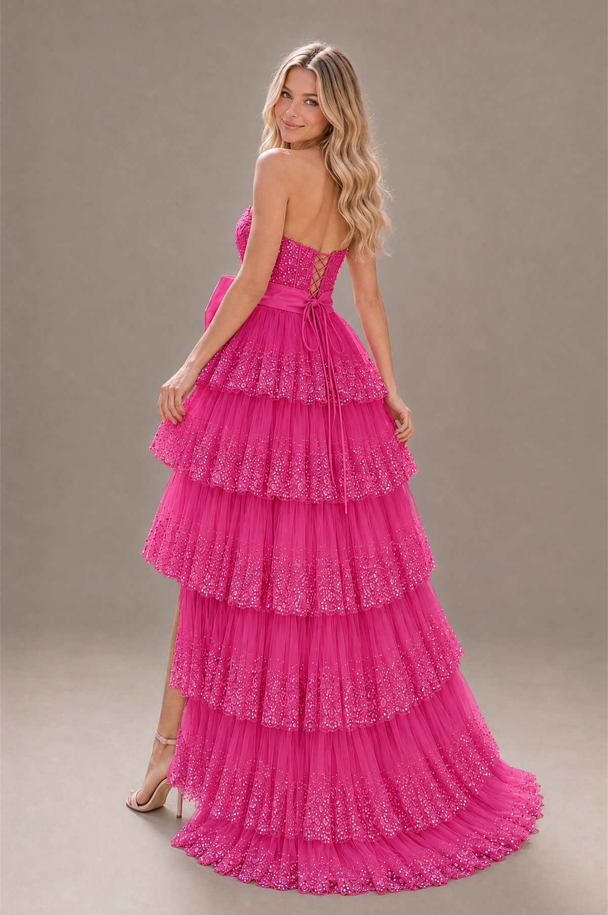 BOLODOO Hot Pink Strapless Tiered Tulle Prom Dress with Bow - Hot Pink - Hot_Pink_2
