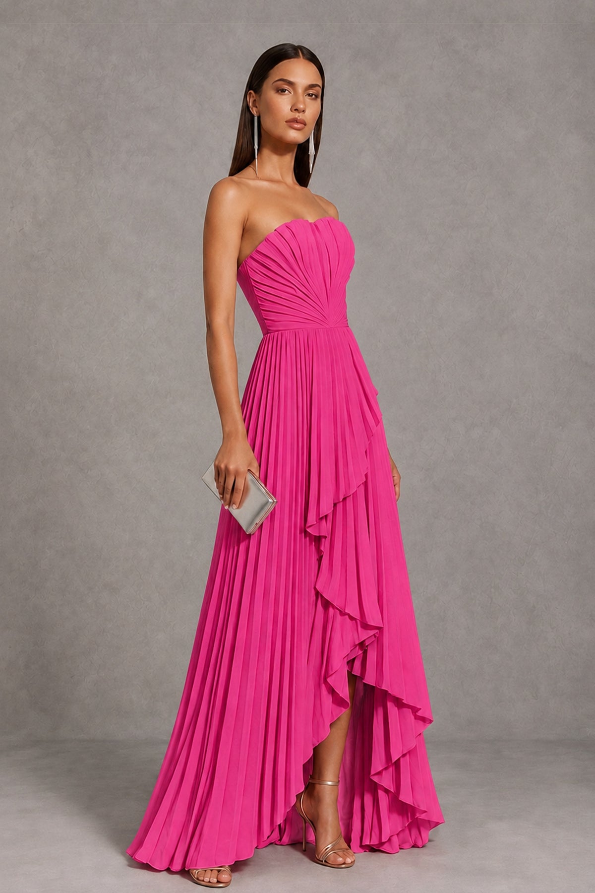 Hot Pink Strapless Pleated High-Low Evening Gown with Ruffle Hem - Hot Pink