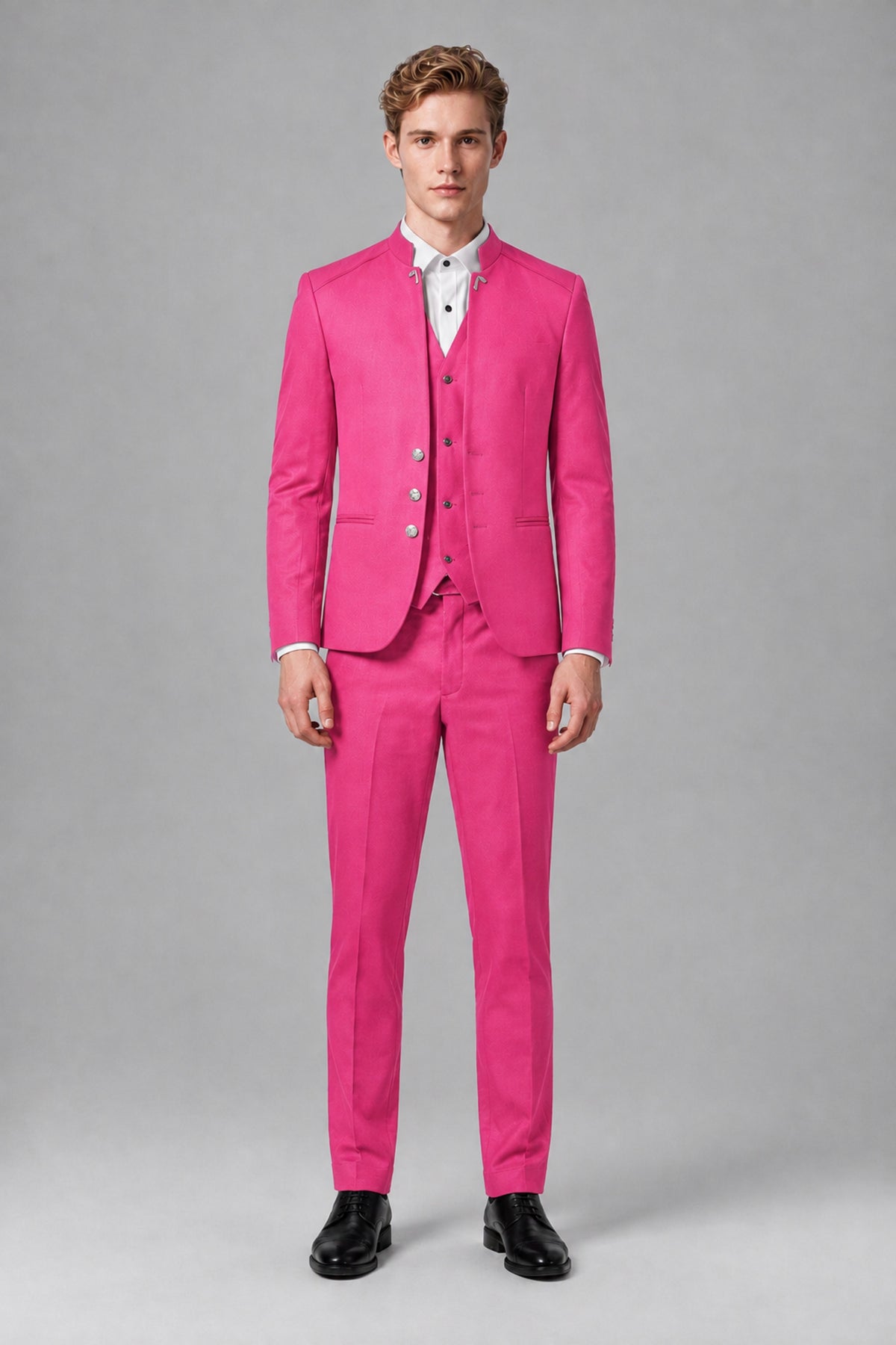 Bolodoo Men's Hot Pink Mandarin Collar 3-Piece Suit – Jacket, Vest & Trousers - Hot Pink - Hot Pink_2