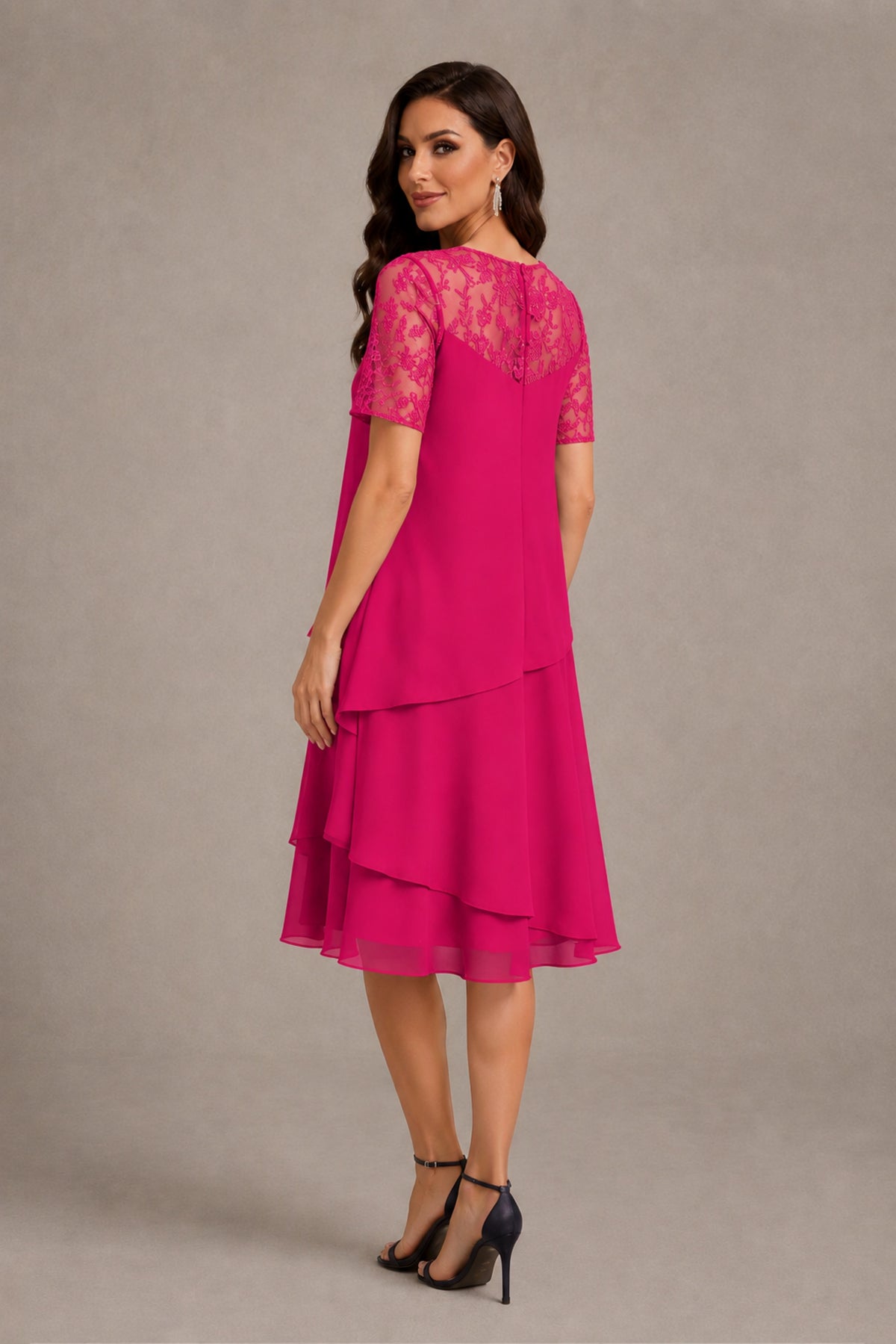 BOLODOO Hot Pink Illusion Lace Short Sleeve Tiered Chiffon Tea Length Dress | Mother of the Bride Midi Dress - Hot Pink