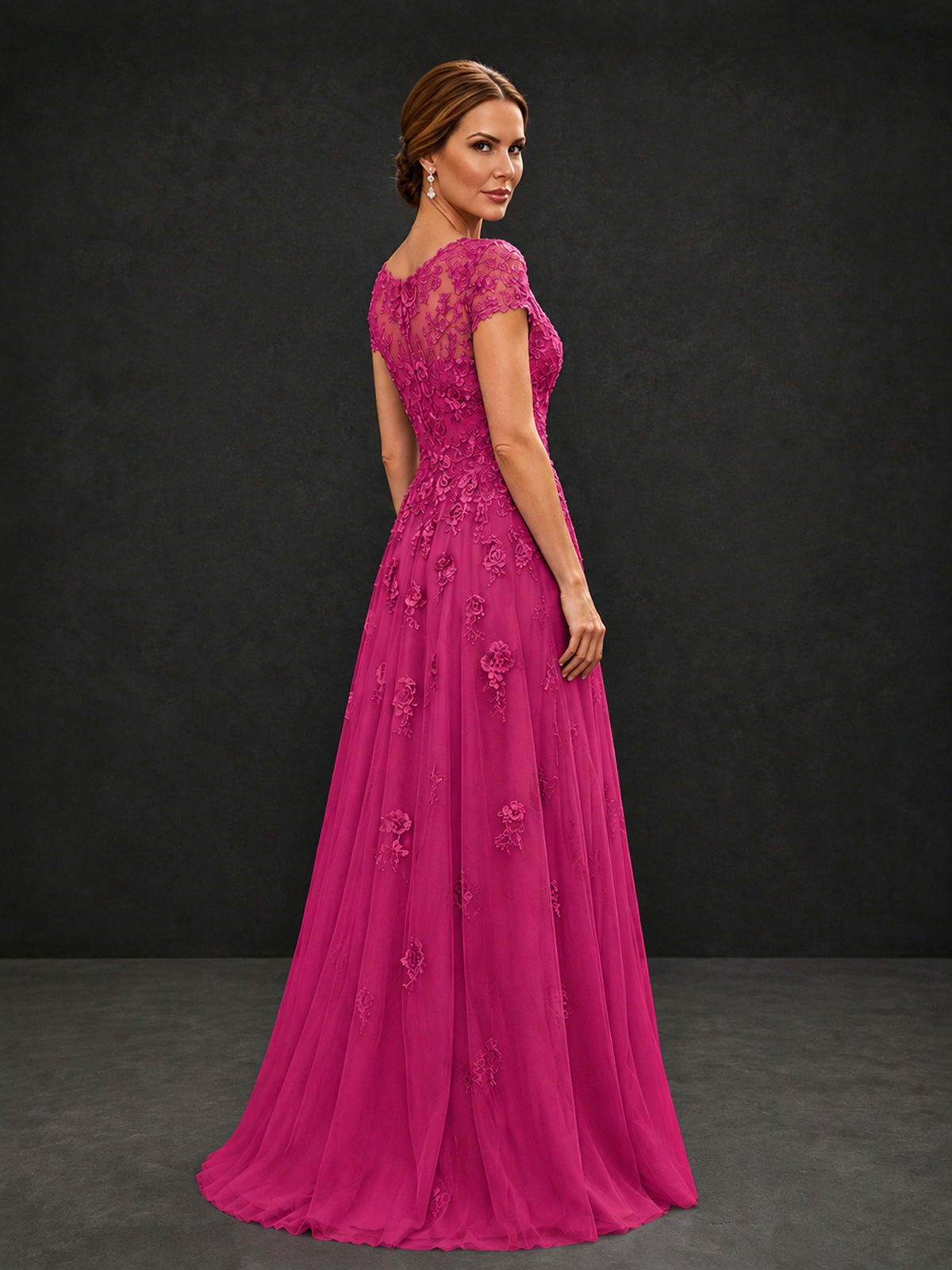 BOLODOO Hot Pink Cap Sleeve Lace Appliqué A-Line Formal Gown | Mother of the Bride Dress - Hot Pink - Hot Pink_2