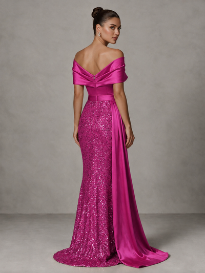 BOLODOO Hot Pink Sequin Mermaid Evening Dress with Off-Shoulder Satin Drape and Sweep Train - Hot Pink - Hot Pink_2