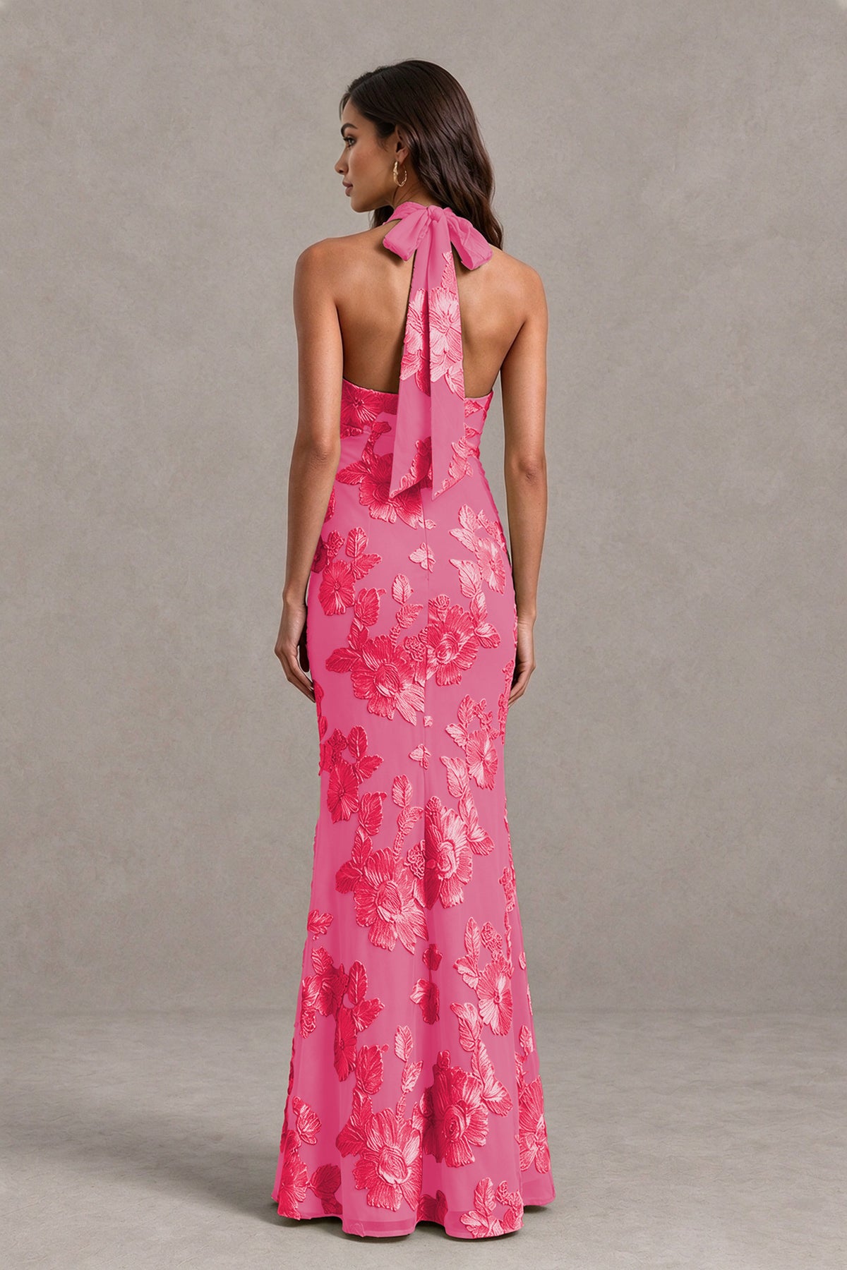 BOLODOO Hot Pink Floral Jacquard Halter Maxi Dress - Hot Pink - Hot Pink(2)