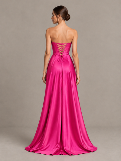 BOLODOO Hot Pink Strapless Satin High-Slit Lace-Up Prom Dress - Hot Pink - Hot Pink_2