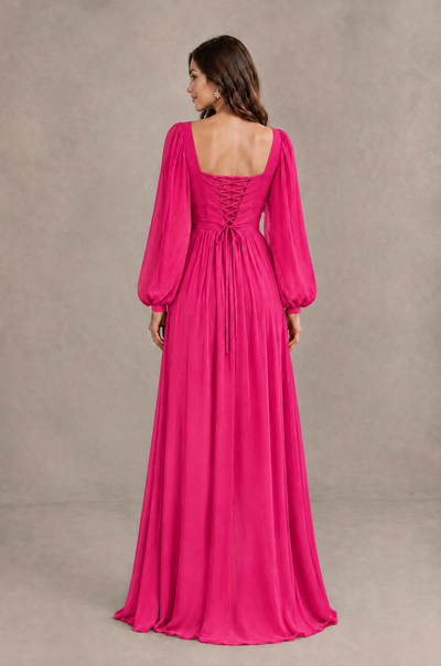 BOLODOO Hot Pink Long Sleeve V-Neck A-Line Bridesmaid Dress - Hot Pink - Hot Pink_2