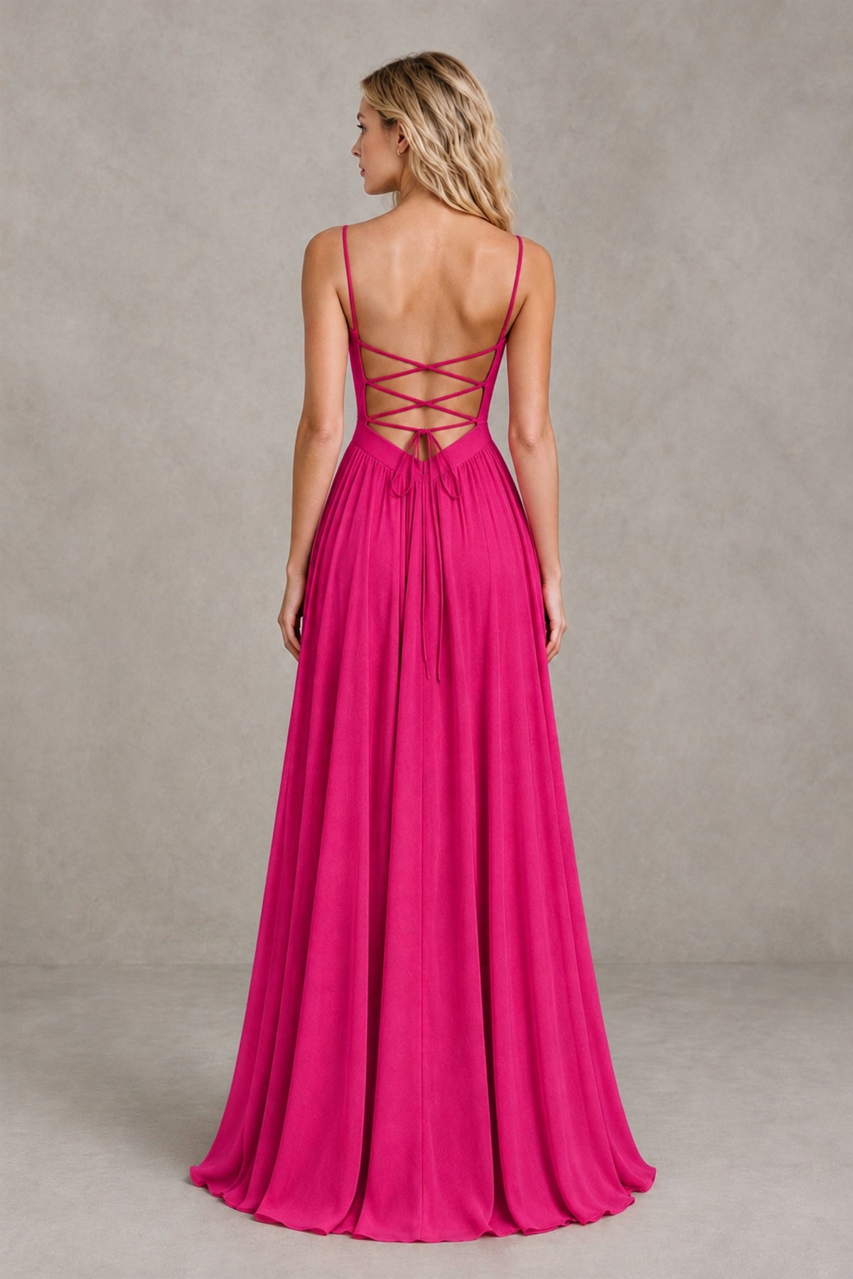 BOLODOO Hot Pink Spaghetti Strap A-Line Bridesmaid Dress with Slit - Hot Pink - Hot Pink_2