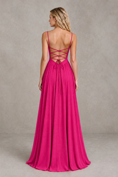 BOLODOO Hot Pink Spaghetti Strap A-Line Bridesmaid Dress with Slit - Hot Pink - Hot Pink_2