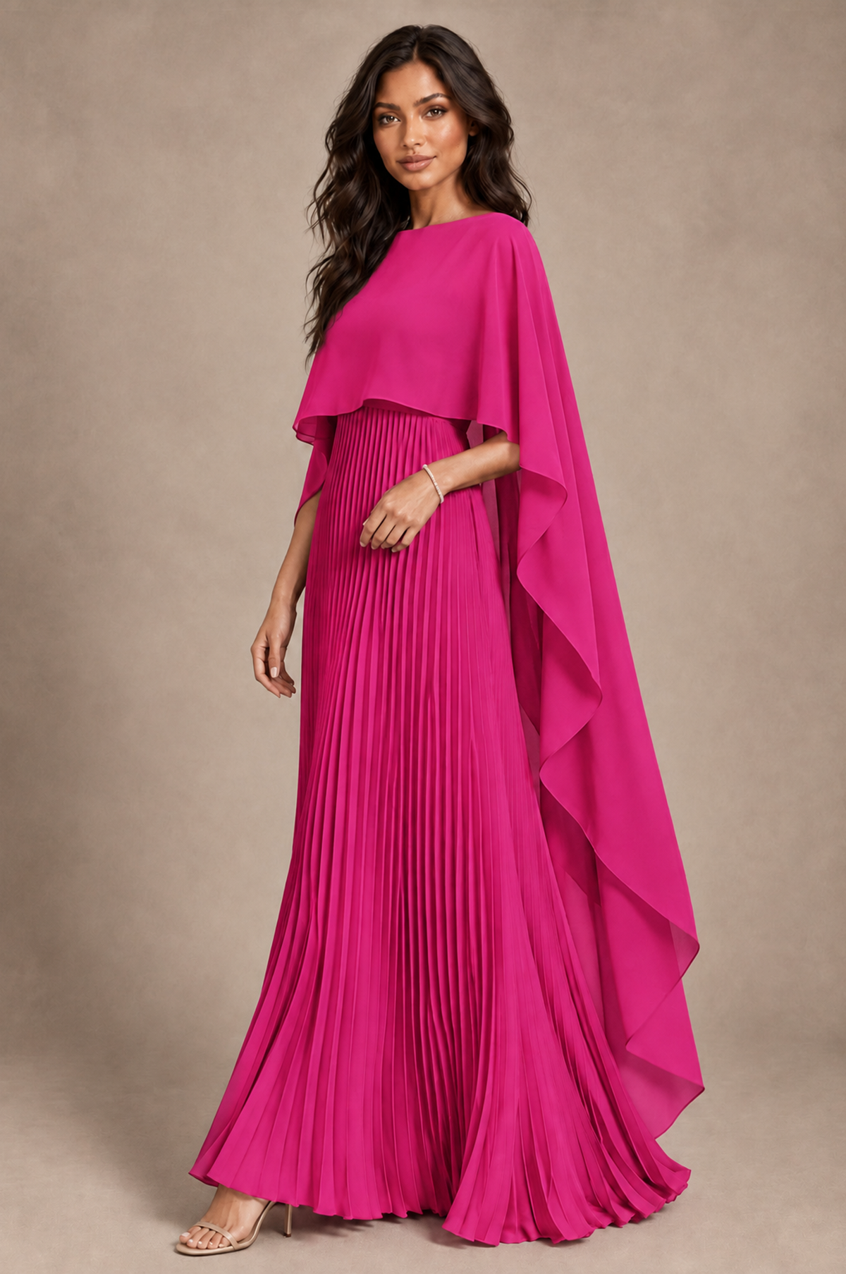 BOLODOO Hot Pink Pleated Cape A-Line Evening Dress - Hot Pink - Hot_Pink_2