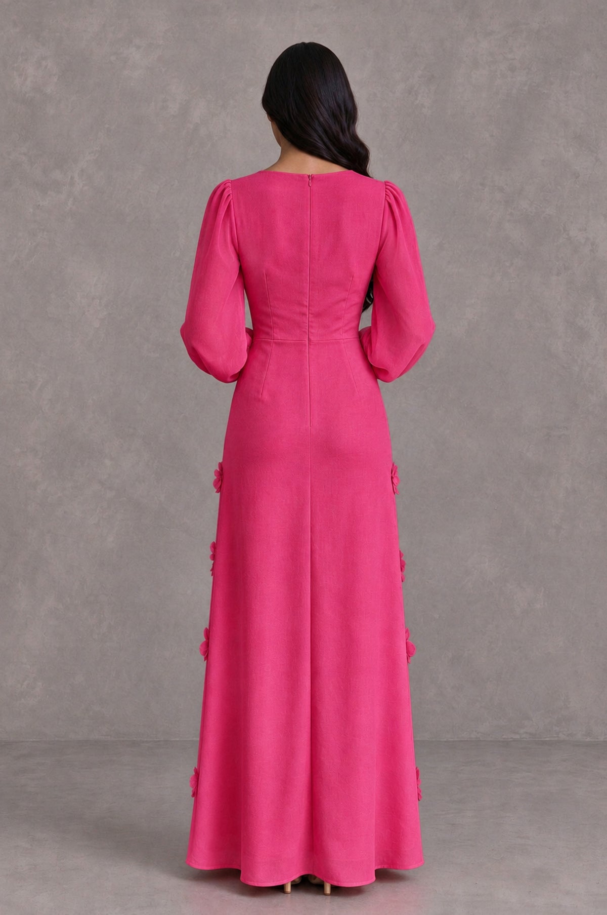 BOLODOO Hot Pink Long Sleeve Floral Applique A-Line Evening Dress - Hot Pink - Hot Pink_2