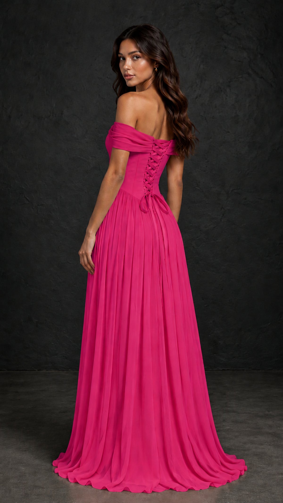 BOLODOO Hot Pink Off-Shoulder Sweetheart Corset Pleated Chiffon Maxi Dress - Hot Pink