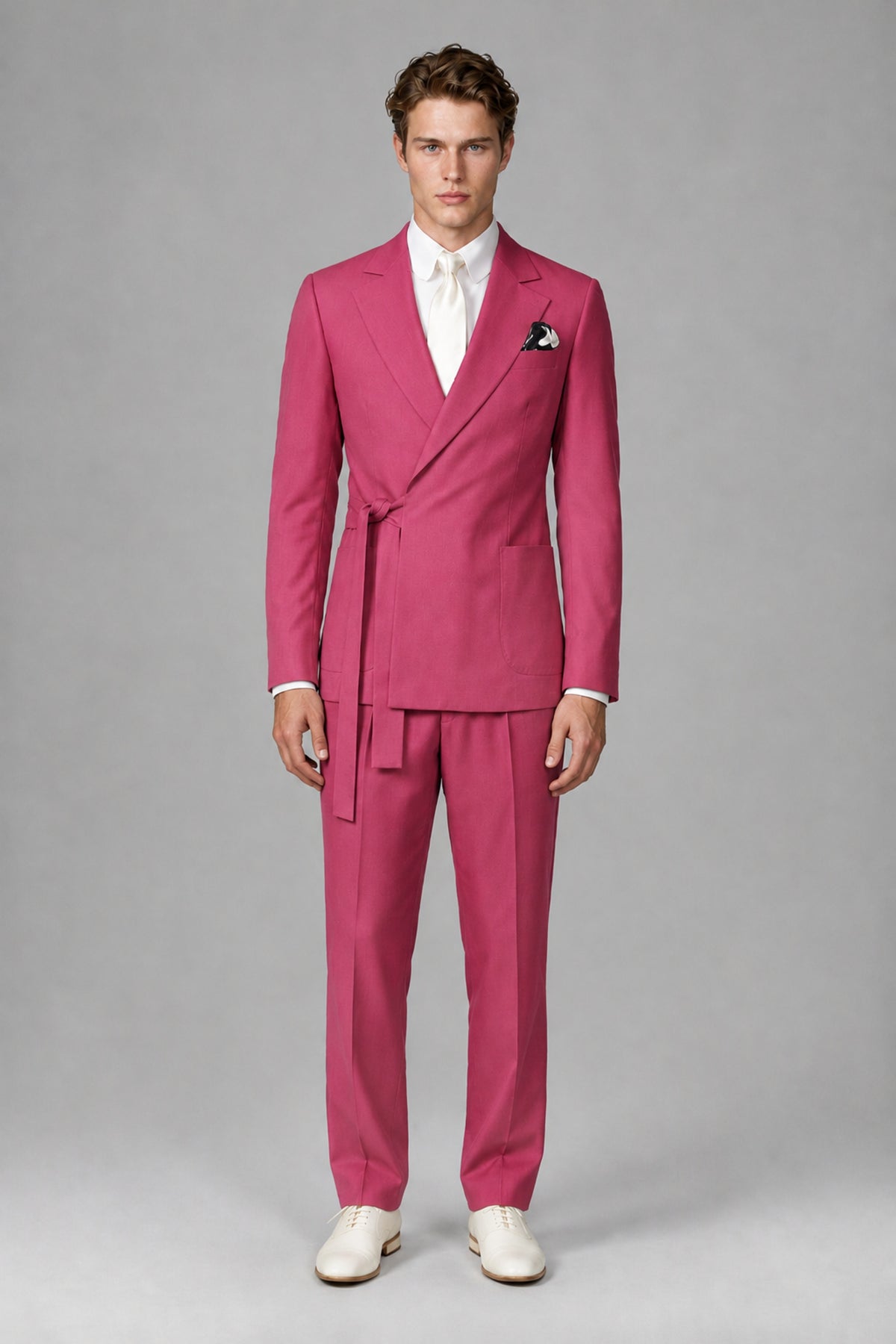 Bolodoo Men's Hot Pink Wrap Tie-Waist Two-Piece Suit – Jacket & Trousers - Hot Pink - Hot Pink_2