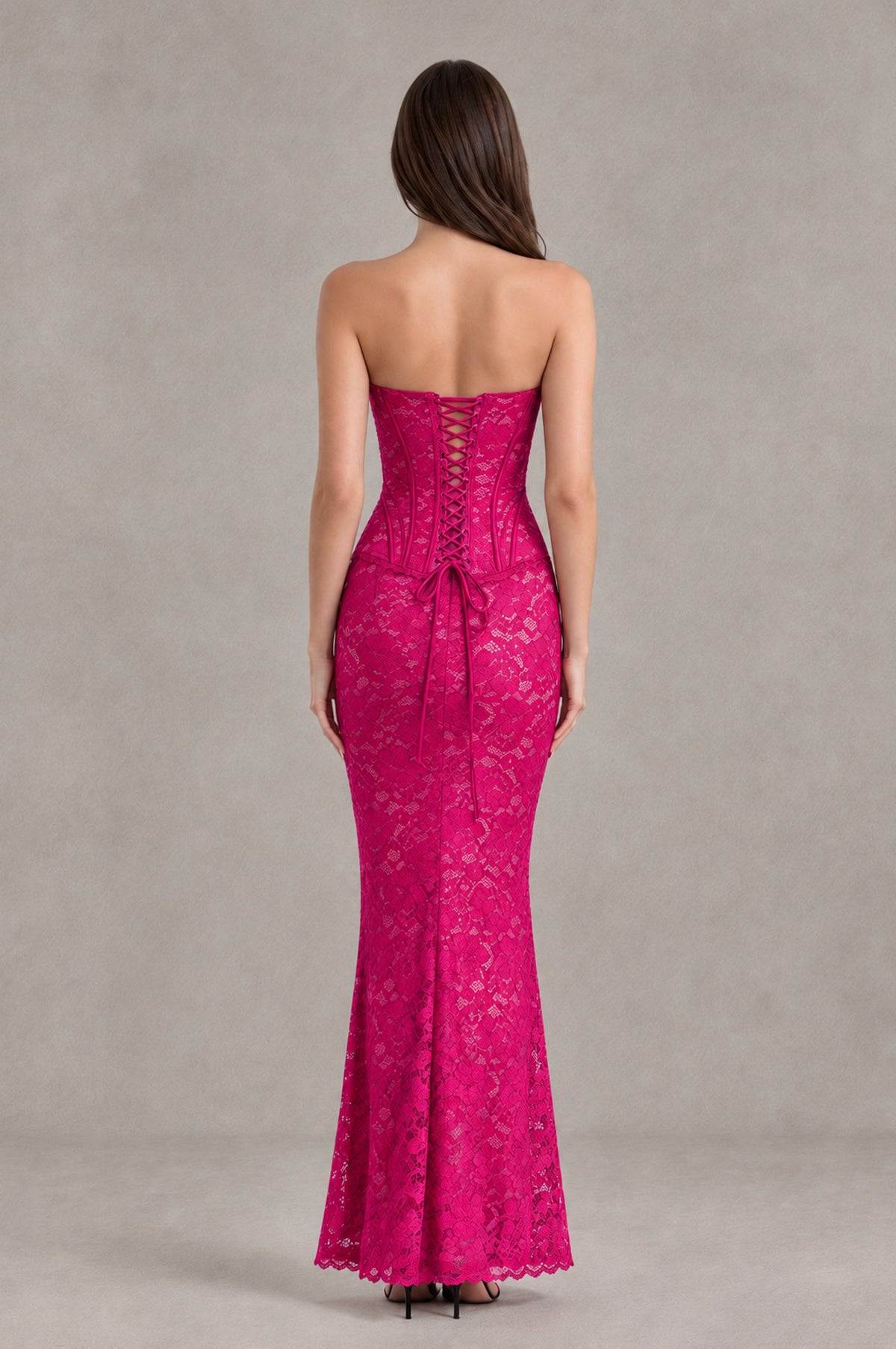 BOLODOO Hot Pink Strapless Lace Corset Wedding Guest Dress - Hot Pink - Hot Pink_2
