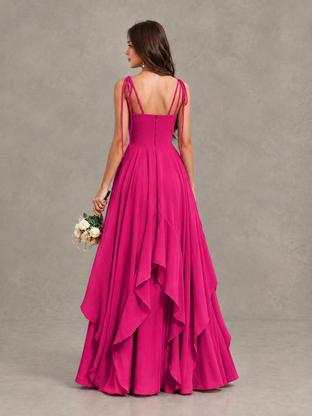 BOLODOO Hot Pink Tie-Strap Ruffle A-Line Bridesmaid Dress - Hot Pink - Hot Pink_2