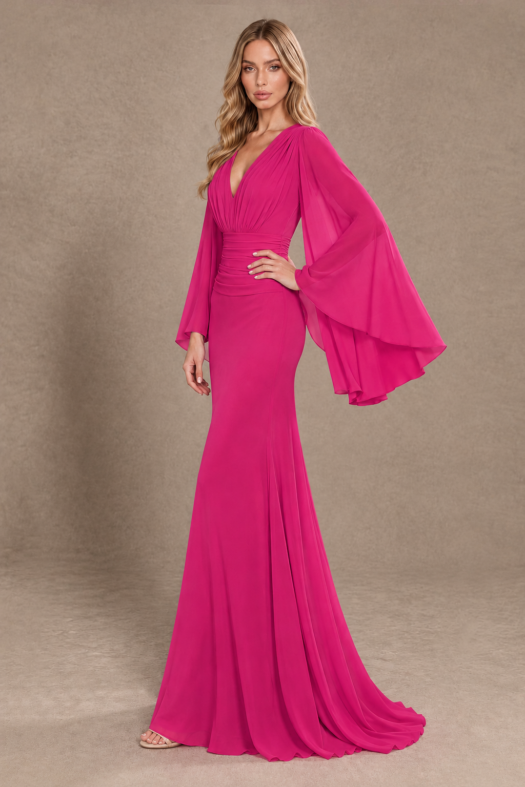 BOLODOO Hot Pink Cape Sleeve V-Neck Ruched Chiffon Evening Dress - Hot Pink - Hot_Pink_2