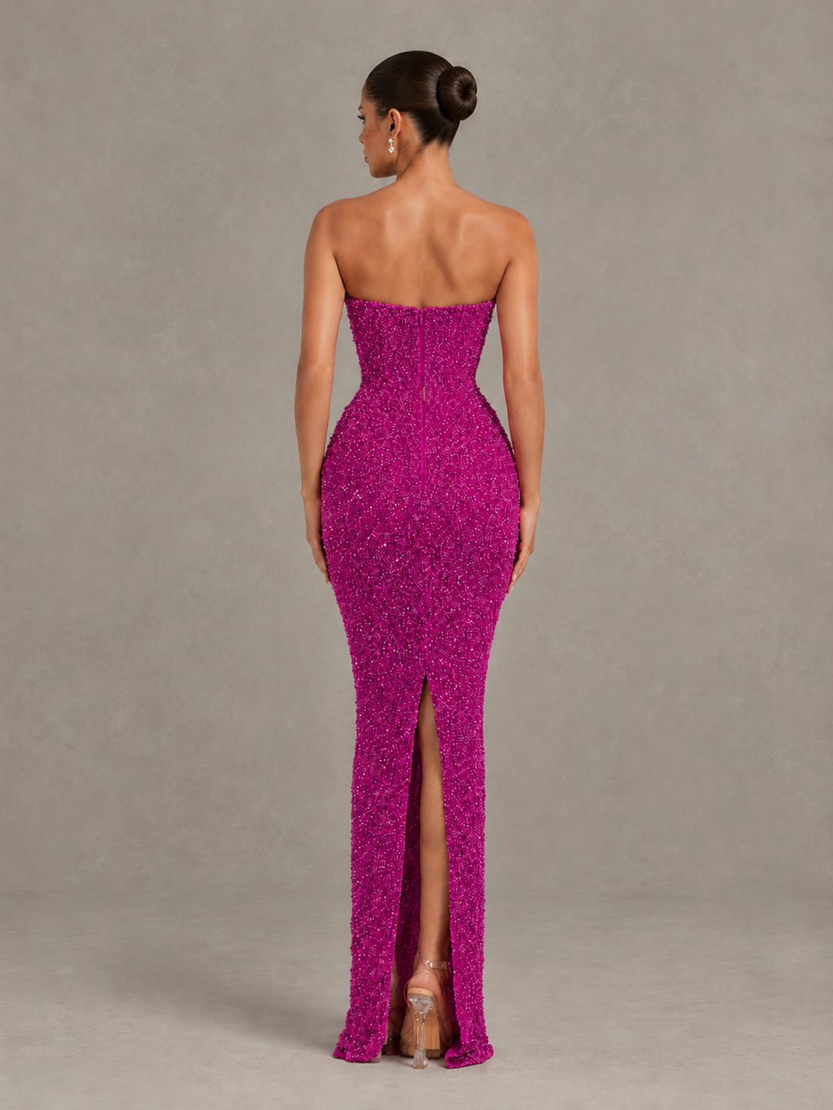 BOLODOO Hot Pink Strapless Sequin Evening Gown with Floral Neckline - Hot Pink - Hot Pink_2