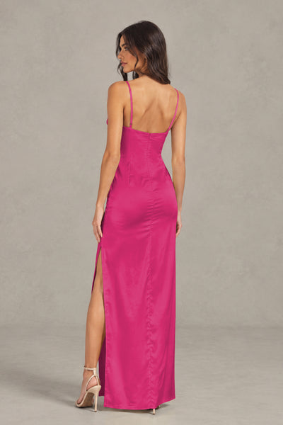 BOLODOO Hot Pink Satin Cowl Neck Open Back Mermaid Maxi Dress with Side Slit - Hot Pink