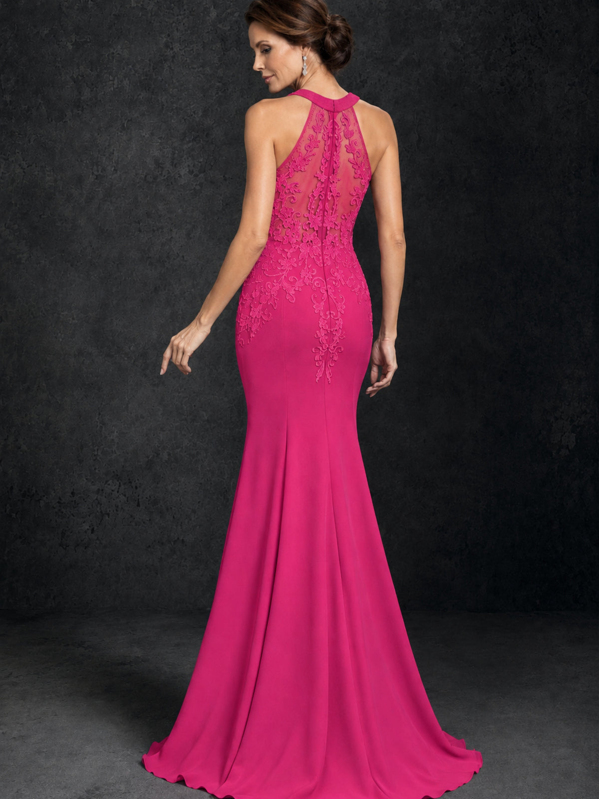 BOLODOO Hot Pink Lace Applique Halter Neck Sheer Back Mermaid Maxi Dress with Sweep Train - Hot Pink