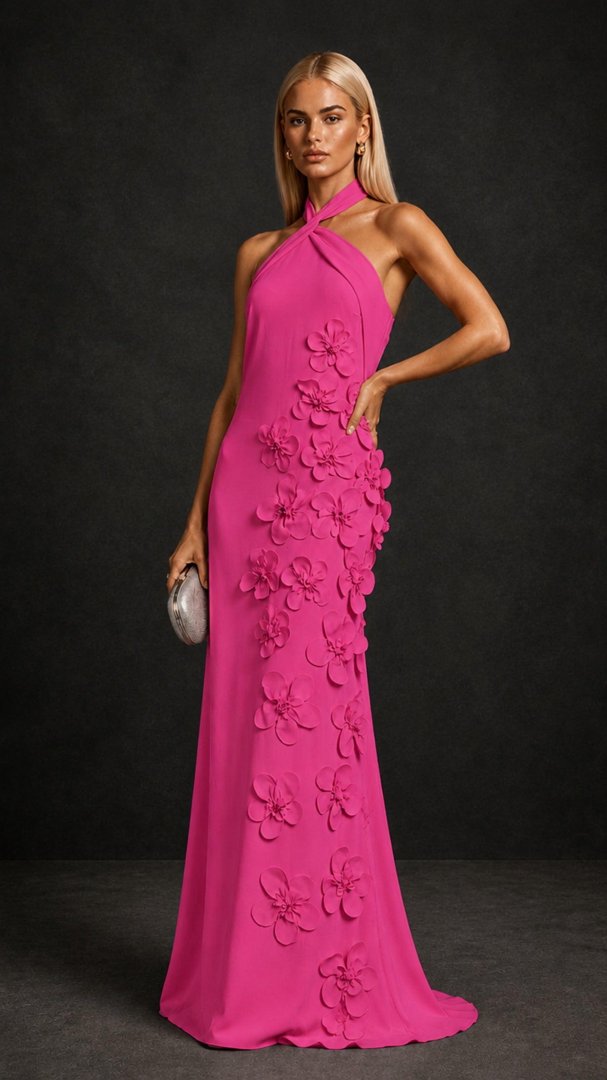 BOLODOO Hot Pink Cross Halter Neck 3D Floral Appliqué Backless Mermaid Maxi Gown - Hot Pink