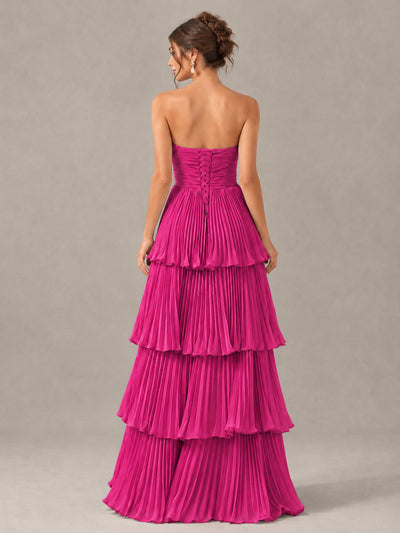 BOLODOO Hot Pink Strapless Tiered Pleated Bridesmaid Dress - Hot Pink - Hot Pink_2