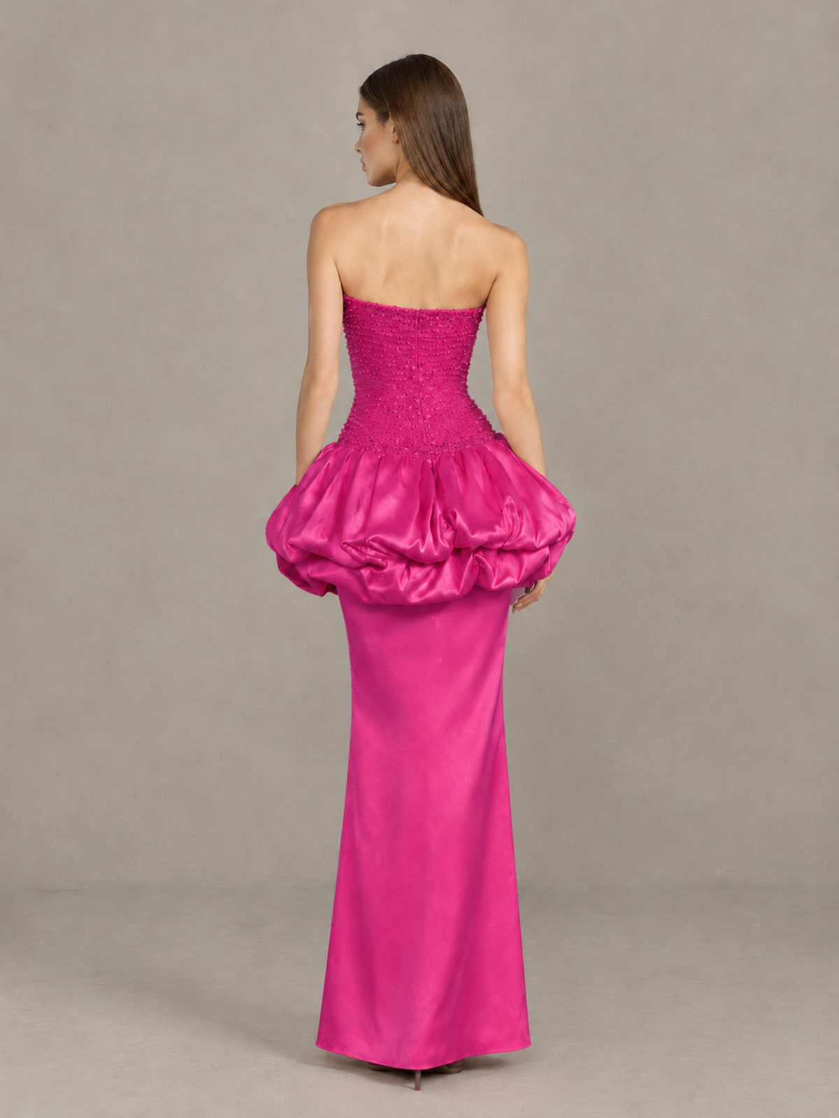 BOLODOO Hot Pink Strapless Embellished Bubble Peplum Evening Dress - Hot Pink - Hot Pink_2